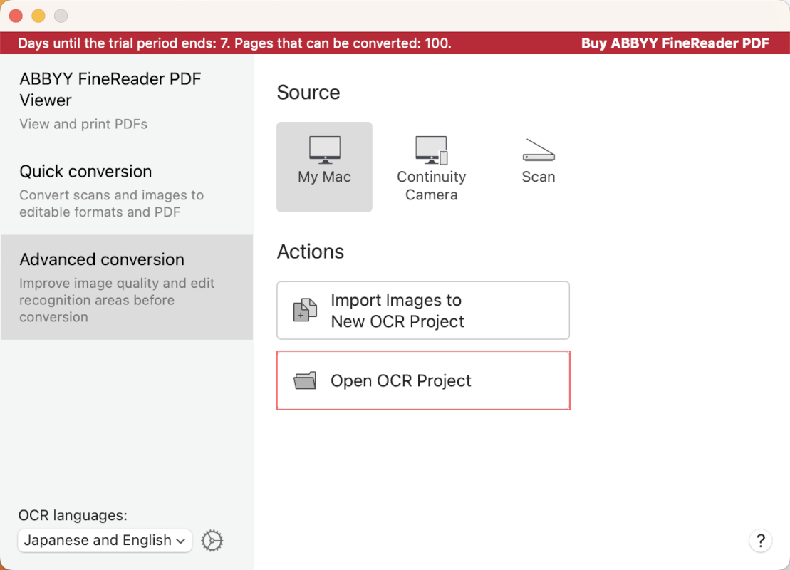 Open OCR Projectを選択する