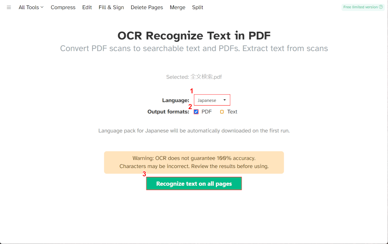 「Recognize text on all pages」ボタンを押す