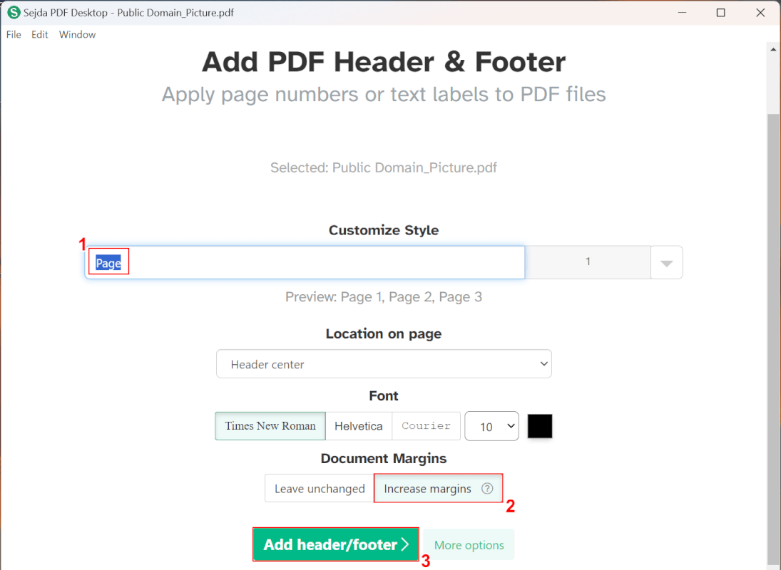 Add header/footerボタンを押す