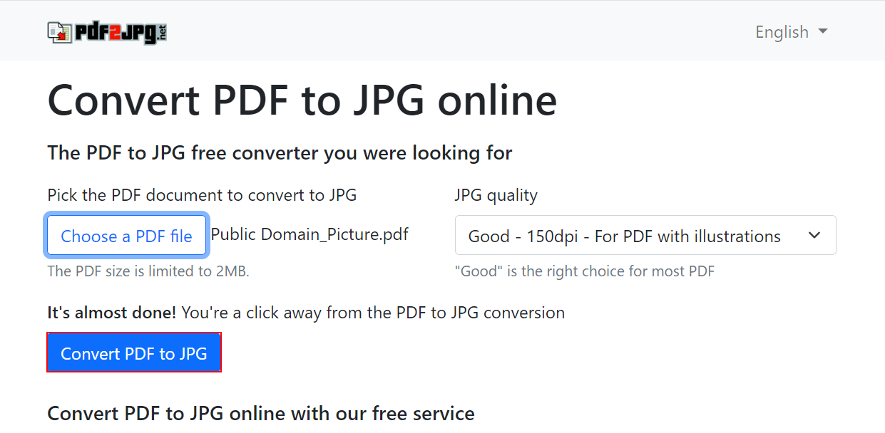 Convert PDF to JPGボタンを押す