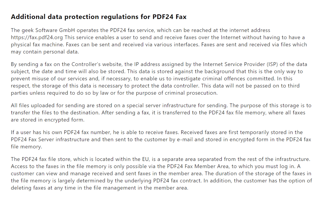 PDF24 Faxのプライバシーポリシーについて