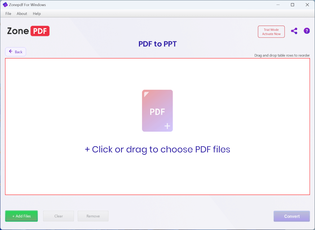 + Click or drag to Choose PDF filesを選択する